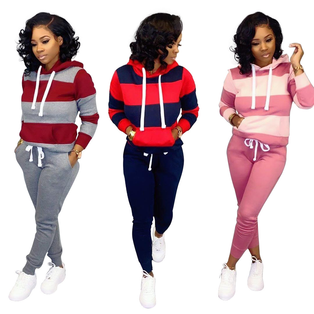 casual striped stitching hooded sweater trousers set NSBTY62701