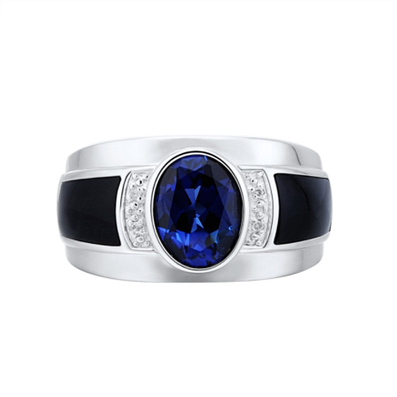 Luxury Men's Platinum Plated Ring With Sapphire And Black Onyx_voghion.com