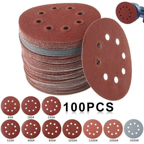 Cross-border 5-inch 8-hole polished red sandpaper 125MM holed wall wood polishing flocking sheet 100pc set