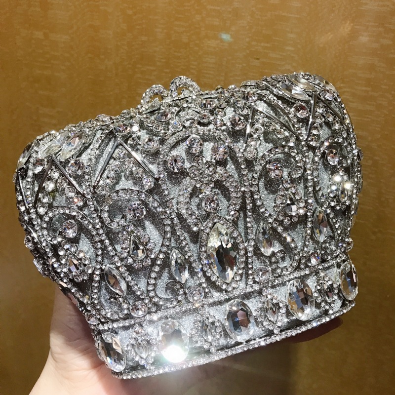 Túi xách tay dạ tiệc nạm pha lê hình vương miện, kiểu Âu Mỹ, kèm dây đeo chéo 17×9.5×13.5 cm — Màu xanh lam, Màu vàng, Màu bạc, Màu đỏ hoa hồng chi tiết 10