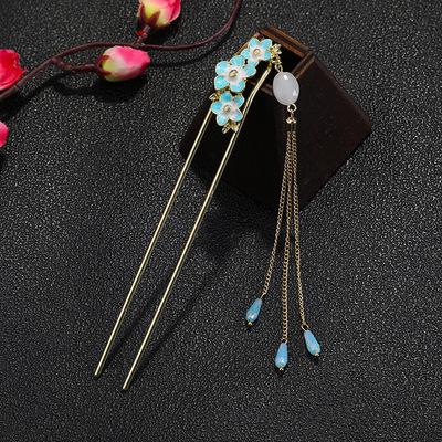 几何型珍珠明星汉服水晶蓝色纯银仿古复古文艺发簪|ru