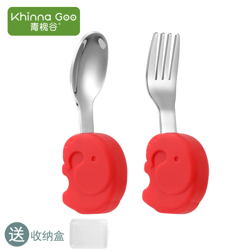 Green Huaigu Stainless Steel Fork Spoon Baby Learn to Eat Spoon Short Handle Baby Tableware Training Spoon Fork Auxiliary Spoon