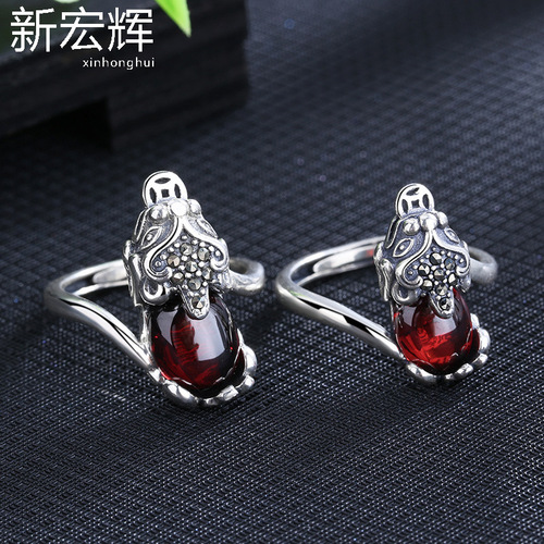 Cross-border Lucky Pixiu Ring for Men and Women Retro Silver Garnet Open Ring Ethnic Style Hand Jewelry Manufacturer Direct Supply