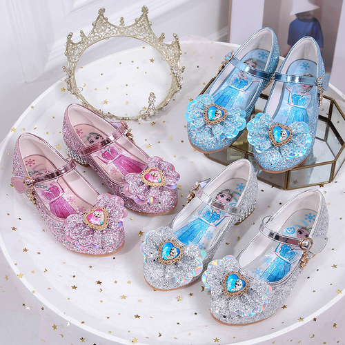 Children's performance dress shoes  new style Princess Elsa children's shoes women's bow sequins Velcro flat shoes trendy