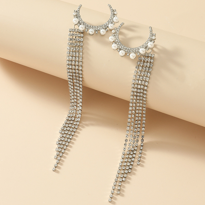 Exaggerated Long Tassel  Korean  New Thinner Full Diamond Moon Pearl Earrings display picture 3