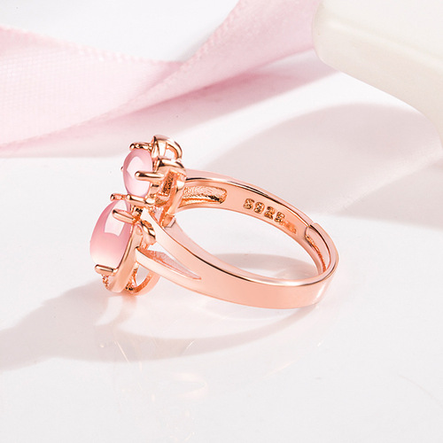 Korean version pink crystal cat ring for women with diamond hibiscus stone cat ring cute cat open fashion ring
