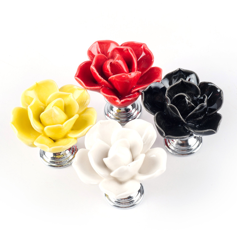 純手工彩色蓮花鋅合金底陶瓷拉手 現代簡約歐式衣櫃單孔門把手