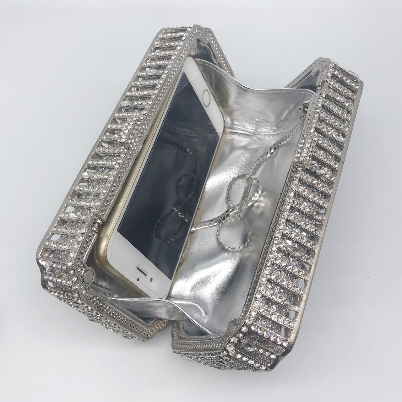 Túi clutch nữ đính đá dạ hội hộp kim loại khung cứng — bạc chi tiết 9
