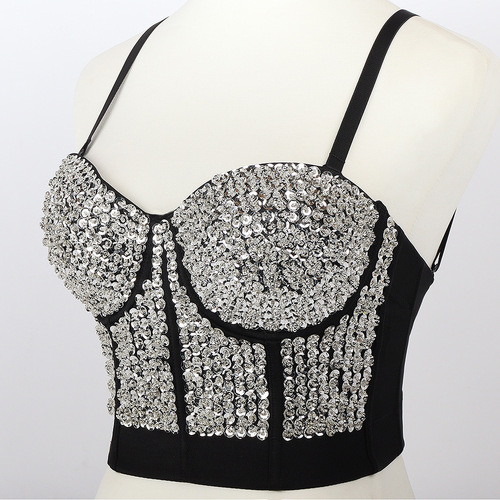 Women's Diamond bling jazz dance bra tops Bar stage chest wrapped Sequin show dress shaping corset chest pad suspender vest female fashion