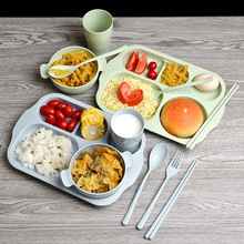 廠家直銷 兒童餐盤六件套 麥秸稈叉勺筷學生餐盤防摔杯碗餐具套裝