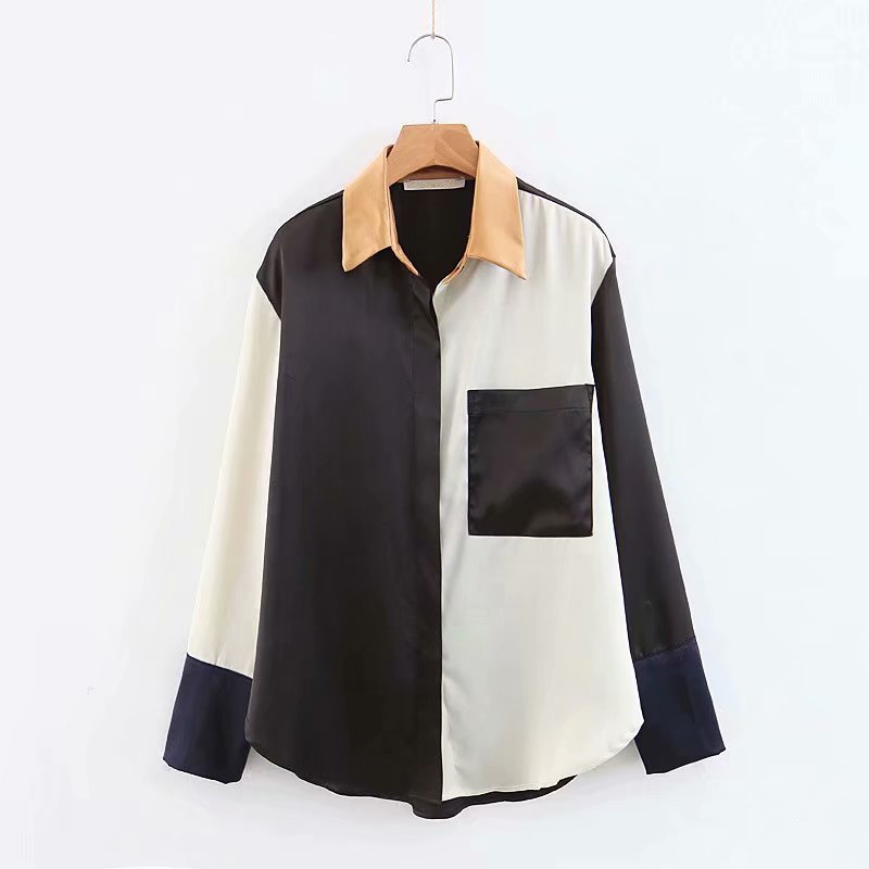 contrast color stitching satin shirt  NSAM16160