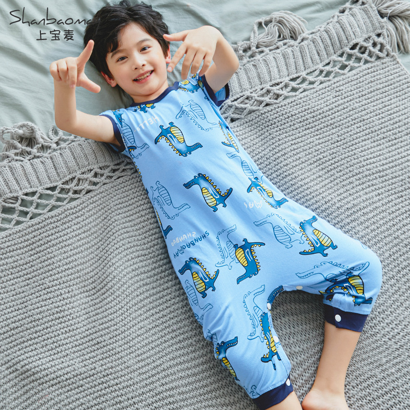 Upper Baomai Summer Children's Siaman Pajamas Short-sleeved Boys' Pajamas Anti-kick Home Clothes Cotton Boys Pajamas Air-conditioning Clothes