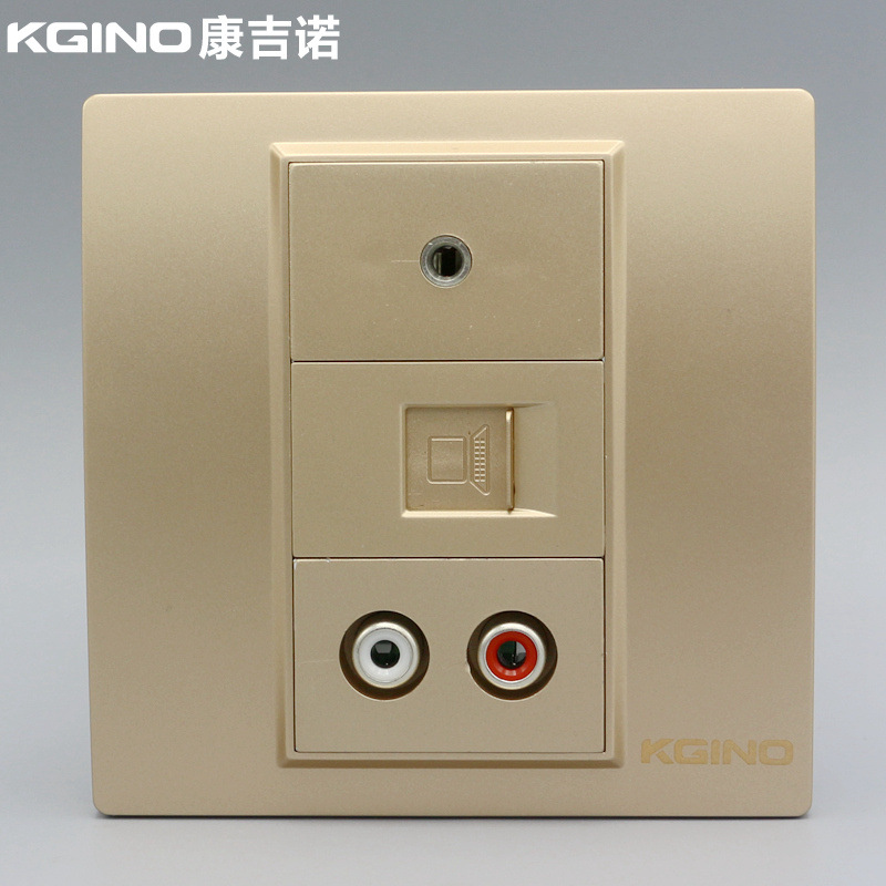 香槟色86型电脑音频耳机插座 金色RJ45网络莲花音频3.5mm耳机插座