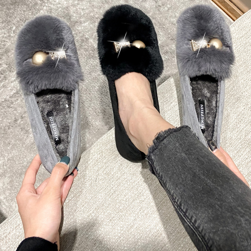 Zapatos de felpa de las mujeres ropa de invierno zapatos de guisantes forrados de lana caliente deslizamiento-En hebilla de diamante de metal piel de conejo Rex más tamaño zapatos de algodón de fondo suave image 5
