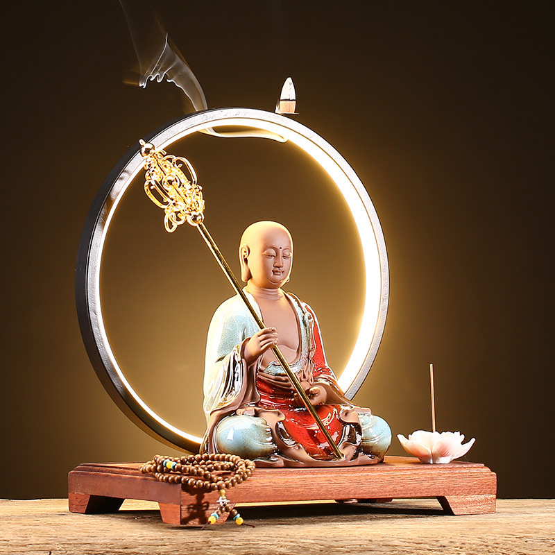 创意灯圈陶瓷人物地藏王菩萨倒流香炉办公室客厅玄关摆件工艺品
