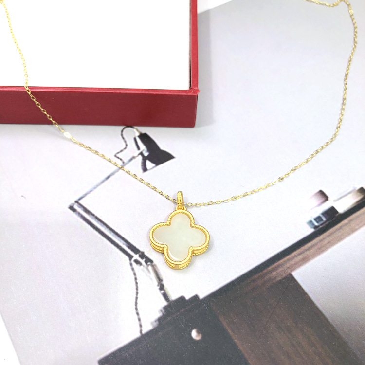 Old silver sterling s925 lucky Clover Necklace Two-sided Nephrite  temperament Simplicity clavicle Chain network Jewelry