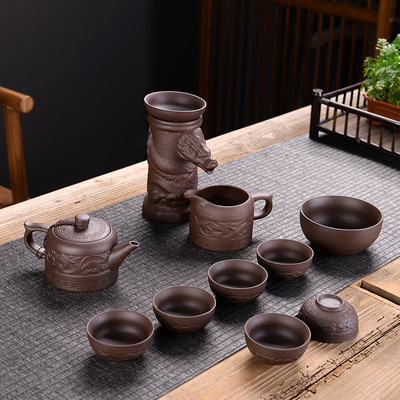 10件套浮雕紫砂茶具套装定制商务促销广告礼品茶具批发|ms