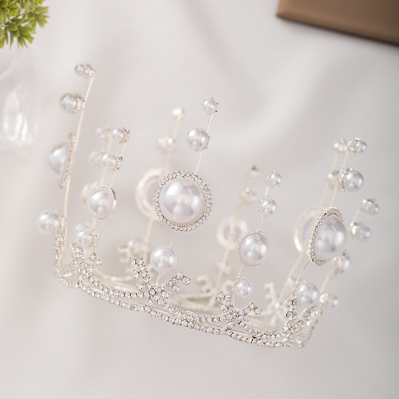 新款欧美手工白色珍珠皇冠个性设计整圈皇冠婚纱配饰新娘饰品