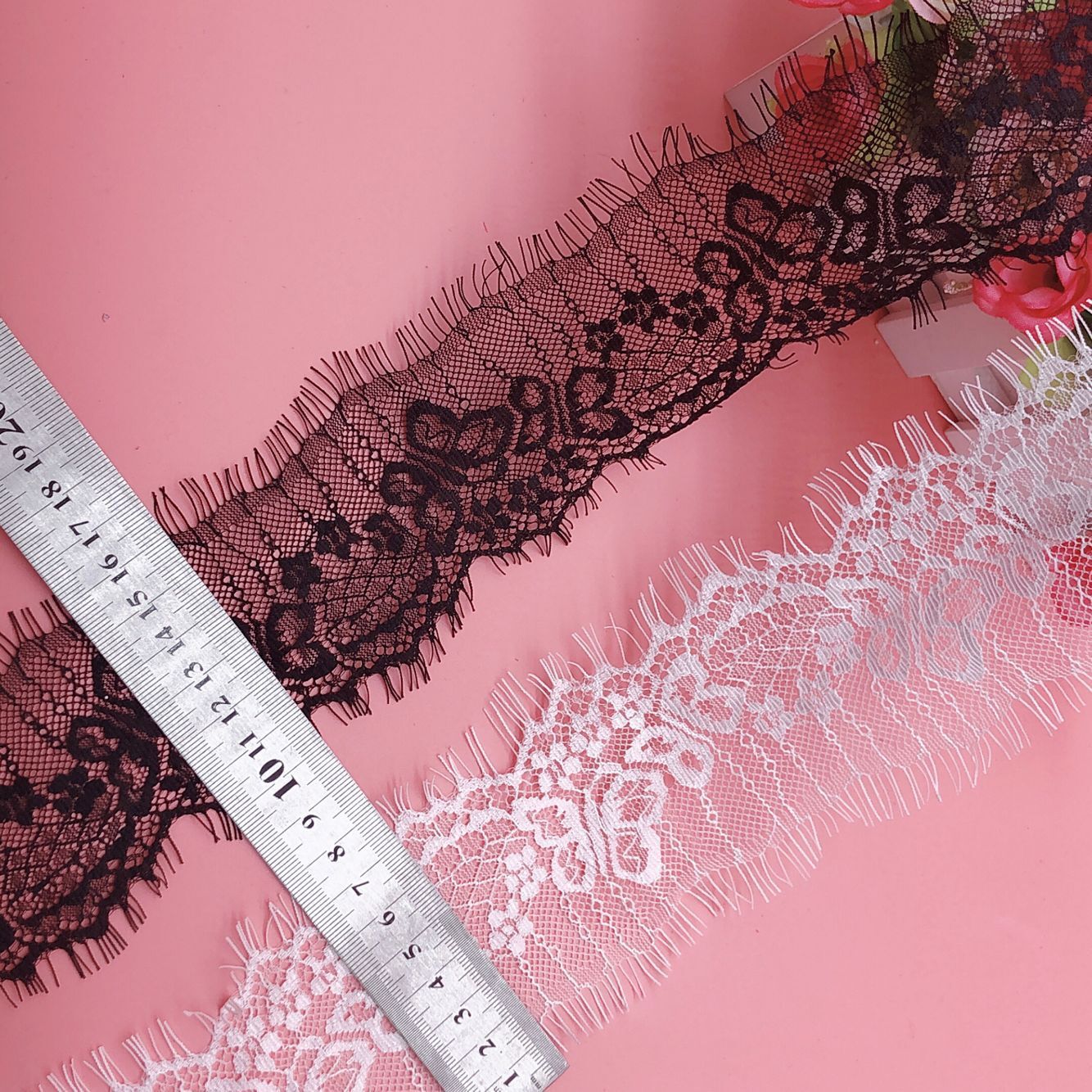 福建宏达花边新品供应精美黑白颜色眼睫毛蕾丝花边845#宽度7.5CM
