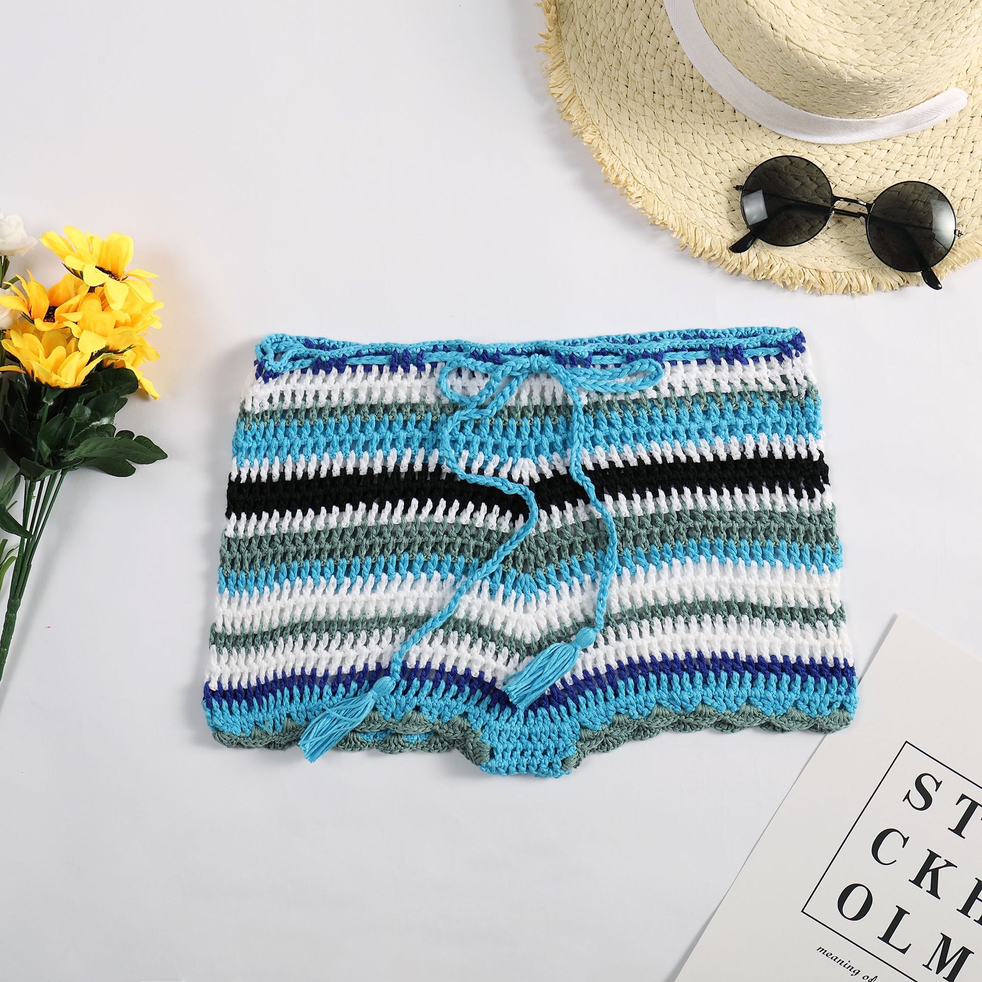 Sexy Colorful Striped Crochet Hollow Knit Beach Shorts display picture 3