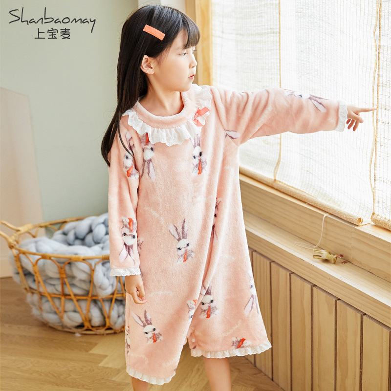 SHANGBAOMAI 가을, 겨울 새 여자 잠옷 플란넬 잠옷 원피스 산호 벨벳 여자 파자마 드레스 따뜻한