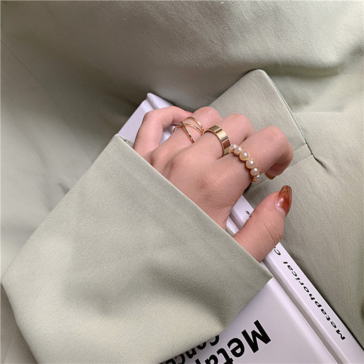 珍珠几何戒指3件套