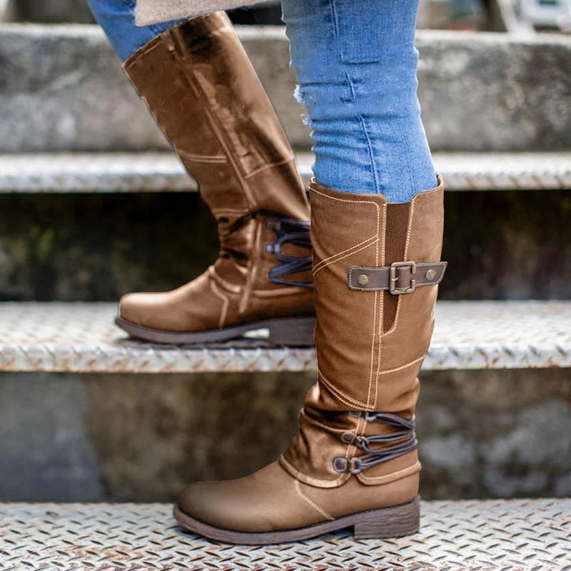 Neue mittellange Ritterstiefel mit Blockabsatz und rundem Kopf und seitlichem Reißverschluss für Herbst/Winter_voghion.com