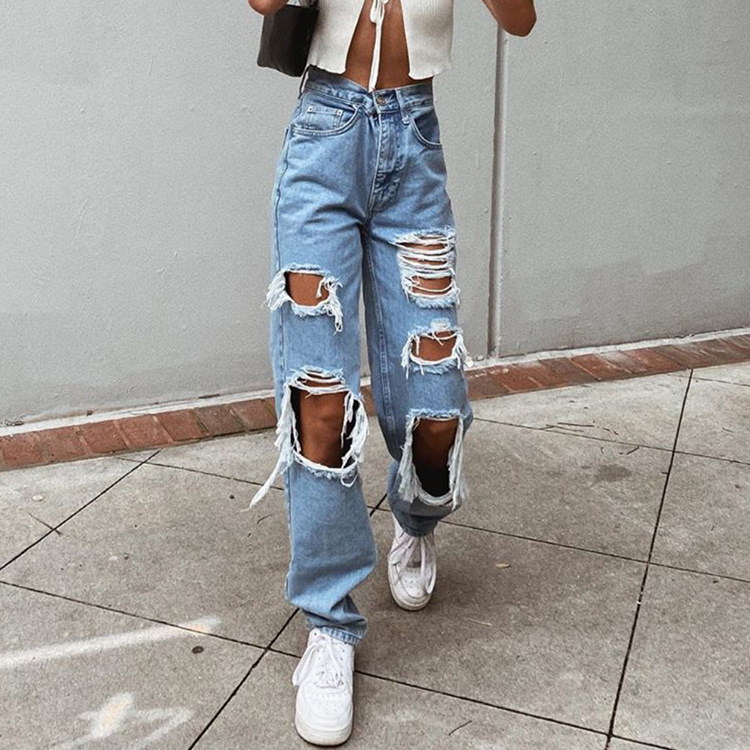 Spot Amazon AliExpress European and American style jeans ripped thin washed ladies jeans trousers