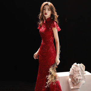 Red wine lace chinese dresses Toast dress the bride paragraph Chinese style red cheongsam wedding dress tail women host singers miss etiquette oriental qipao skirts