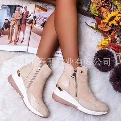 跨境爆款2020新款低筒保暖圆头冬季坡跟侧拉链棕色女休闲运动女鞋|ru