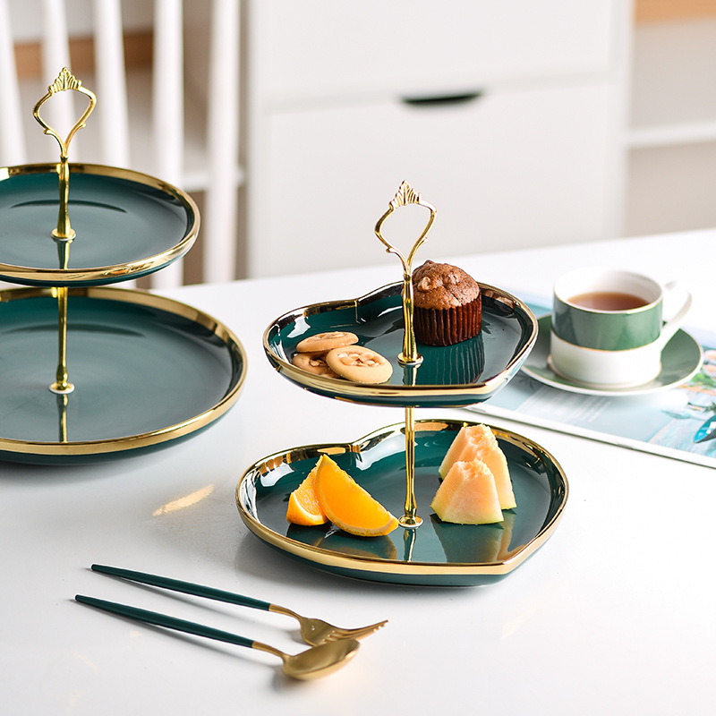 Placa de cadena de cerámica verde oscuro nórdico creativo plato de fruta de amor de doble capa merienda mesa de postre bandeja de cerámica plato de fruta seca