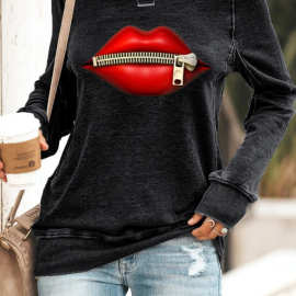2020秋冬新款亚马逊wish独立站嘴唇有印花圆领长袖休闲宽松上衣女