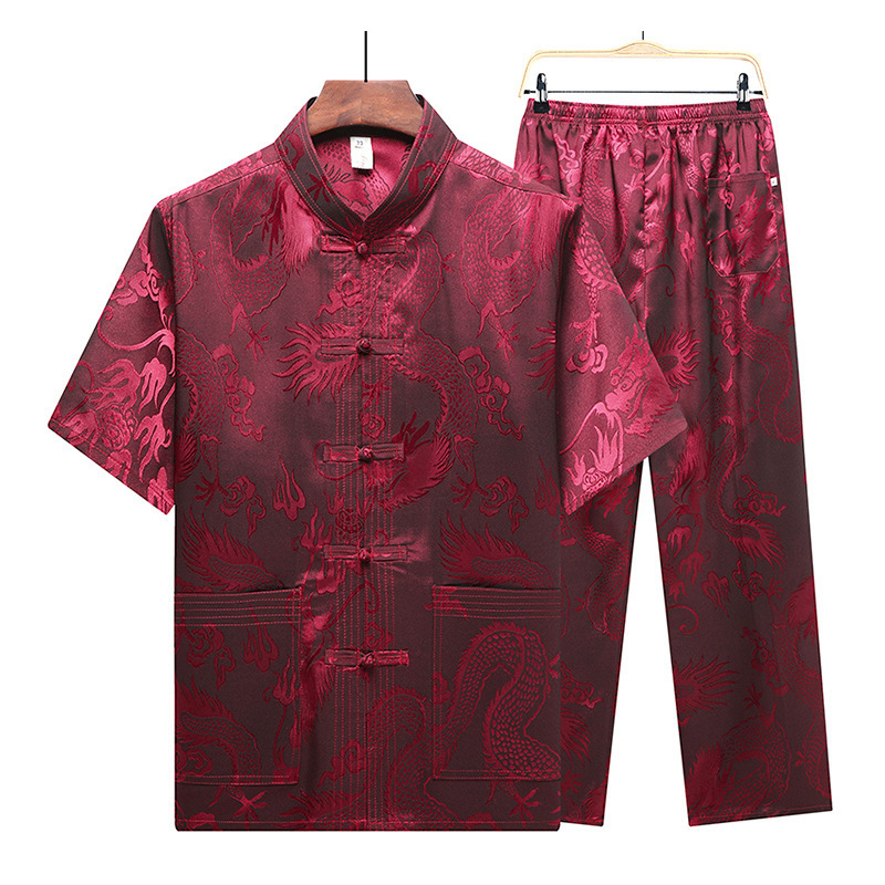 Chinese dragon Tang Suit for men middle-aged restoring ancient ways suit embroidery cotton coat pants two-piece outfit in the summer of middle-aged men