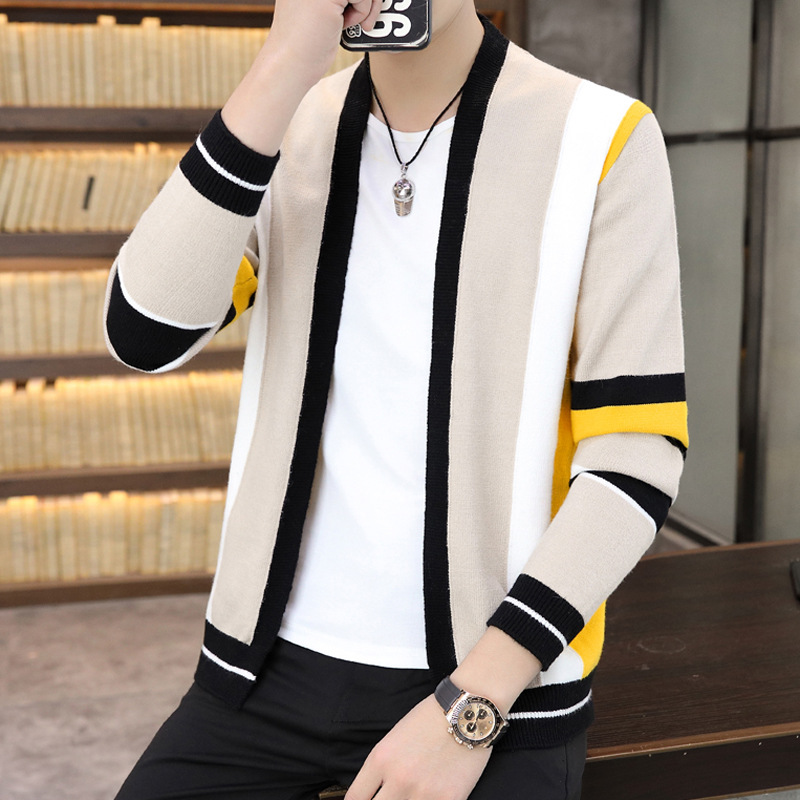 Cardigan Sweater Men's Autumn Jacket Striped Color Block Sweater Teenagers Fashion Handsome Casual Sweater