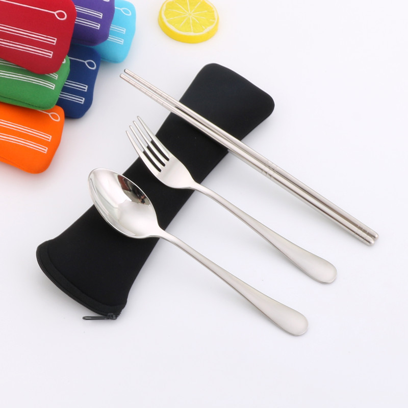 不锈钢筷子勺子三件套 便携创意学生旅游布袋餐具套装