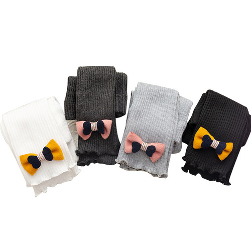 Spring and Autumn Infant Large PP Leggings Vertical Stripe Bow Openable Children's Nine-Point Pants Girls' Pants