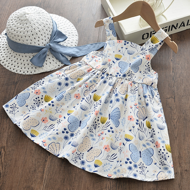 Foreign trade baby girl's cotton print skirt 2021 spring and summer new butterfly print suspender dress send hat