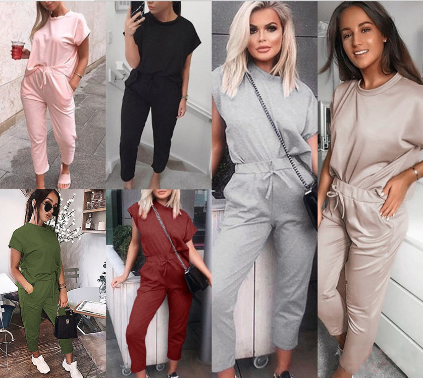 Cross border Women's wear Best Sellers 2019 Spring and summer eaby Amazon Explosive money Best Sellers T-shirts Short sleeved Two piece set leisure time suit