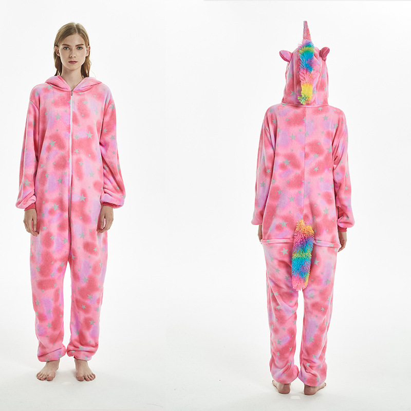 Pijamas de una pieza de coral grueso con diseño de animales de dibujos animados, franela cálida informal de manga larga, venta al por mayor del fabricante, gruesos y cálidos.