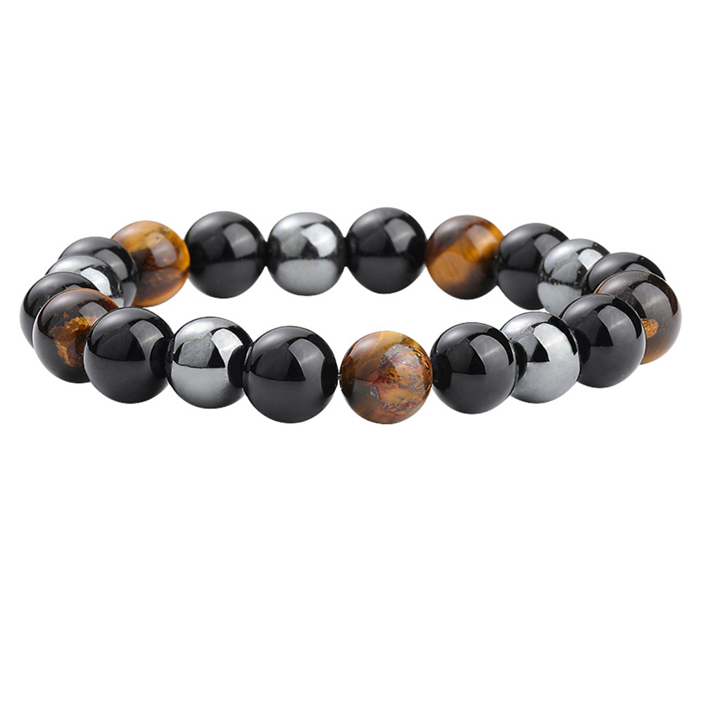 Streetwear Round Natural Stone/Tigereye/Haematite/Iron Ore/Black Glass/Ebony Beaded Men's Bracelets Surgical Gold Plated Jewelry Sets display picture 3