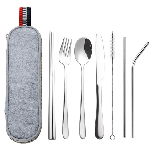 Amazon Cross-border 304 stainless steel knife fork spoon straw square chopsticks travel portable set Outdoor tableware