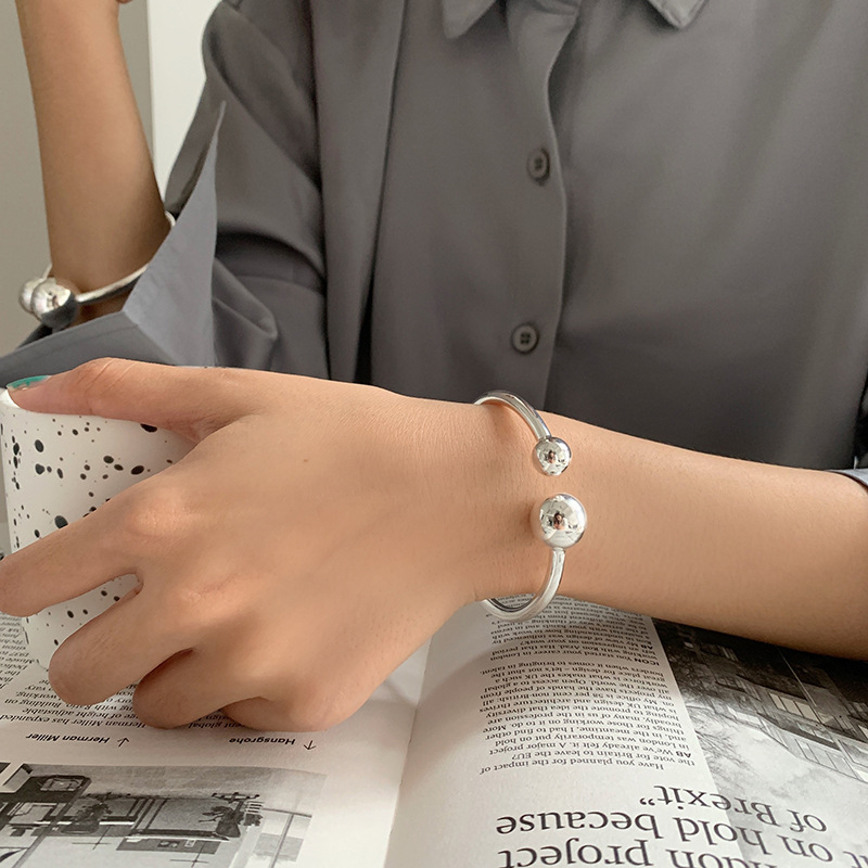 Minimalism Style Sterling Silver Solid Double Ball Bracelet Women's Opening Niche Design Cold Style Handmade Hand Jewelry Size