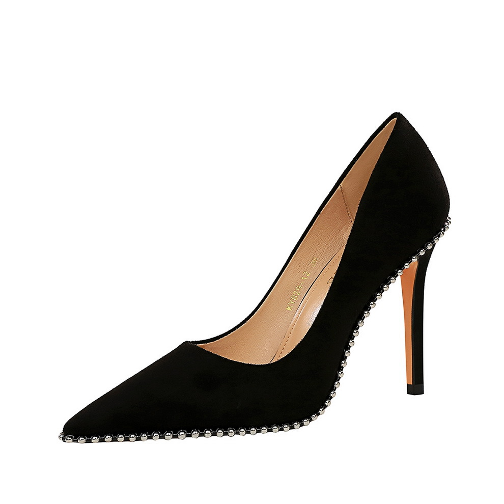 1829-5 with fine with European and American wind sexy nightclub show ultra thin suede shallow metal chain pointed mouth women's shoes