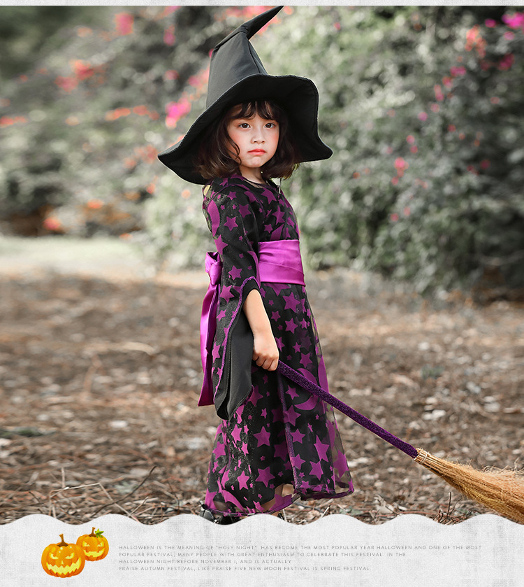 Fashion Halloween Children Purple Witch Star Moon Print Dress Wholesale Nihaojewelry display picture 6
