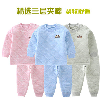 children three layers Cotton clip Thermal Underwear Set 1 Cotton 2 baby Clothes 3 baby thickening winter Two piece set At the age of 5