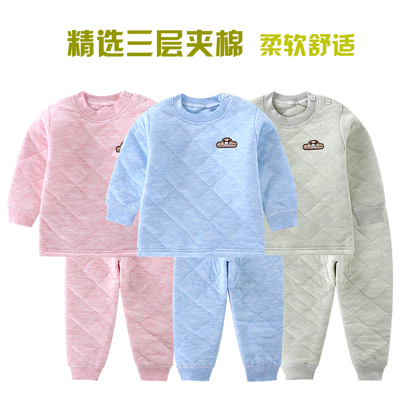 children three layers Cotton clip Thermal Underwear Set 1 Cotton 2 baby Clothes 3 baby thickening winter Two piece set At the age of 5