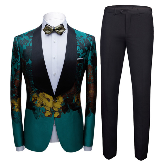 Men’s suit two piece suit with green printing