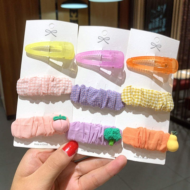 Cute Girl Colorful Fabric Fruit Plaid Square Acrylic Bb Clamp Clip Set Three-piece Hair Accessories Wholesale display picture 2