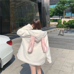 实价外套女2020秋冬可爱连帽兔耳朵仿獭兔毛毛绒皮草大衣加厚