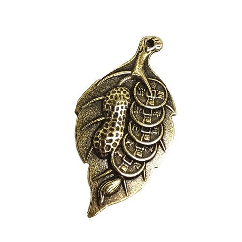 Brass keychain, pure copper gourd pendant, one leaf brings wealth, leaf creative metal keychain, rice transfer pendant